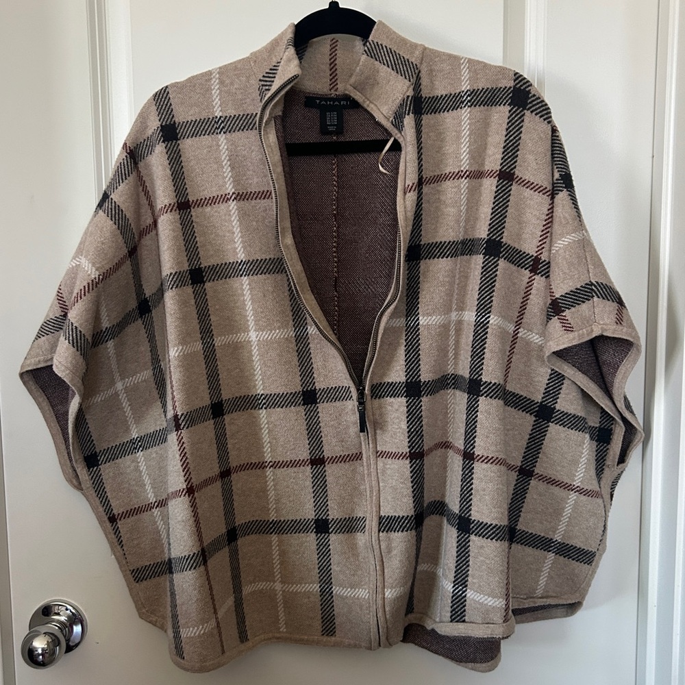 Tahari Beige and Brown Checkered Poncho size S/M